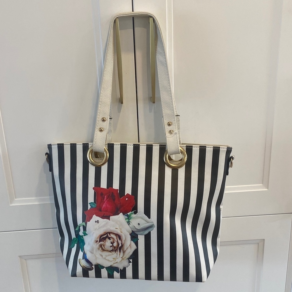 TOTE BAG Black & White Stripes with large Red & White Floral design Faux-Leather